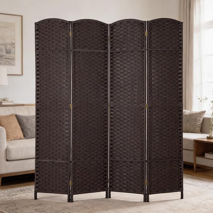 FDW Room Divider 4 Panel Screen 5.6 Ft Tall Partition Privacy Screens Folding Room Separation Free Standing Waterproof Wood Frame Wall Divider, Dark Brown