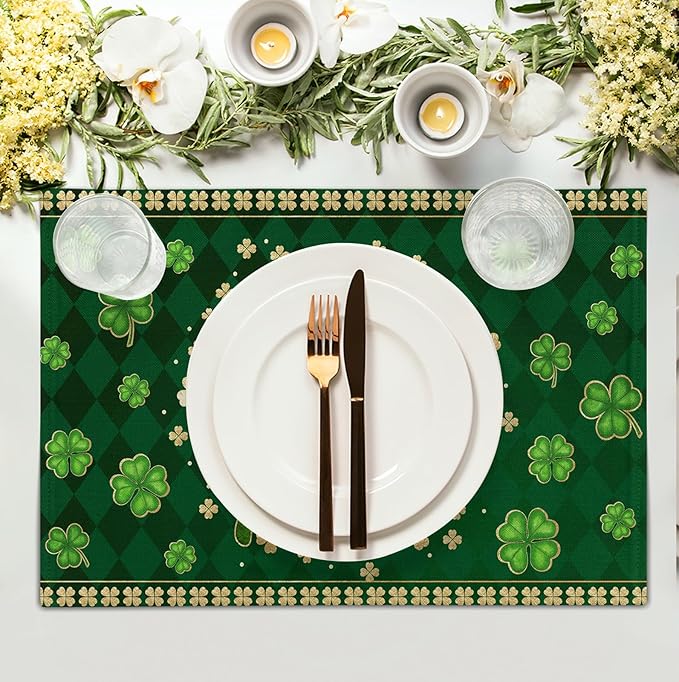 Green Shamrock St Patricks Day Placemats Set of 4 Lucky Clover Plaid Check Table Mat 12x18 Inch St. Patrick's Day Seasonal Holiday Place Mats Spring Linen Placemat for Party Kitchen Dining Decor