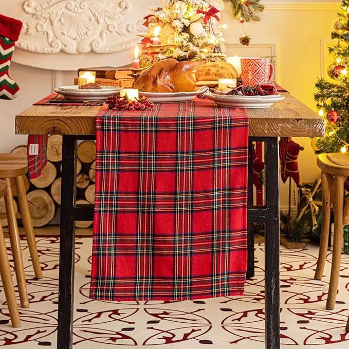 Red Green Plaid Christmas Table Runner, Winter Holiday Table Runners 36 inches Long, Xmas Decorations Indoor Outdoor Farmhouse Home Kitchen Dining Party Decor