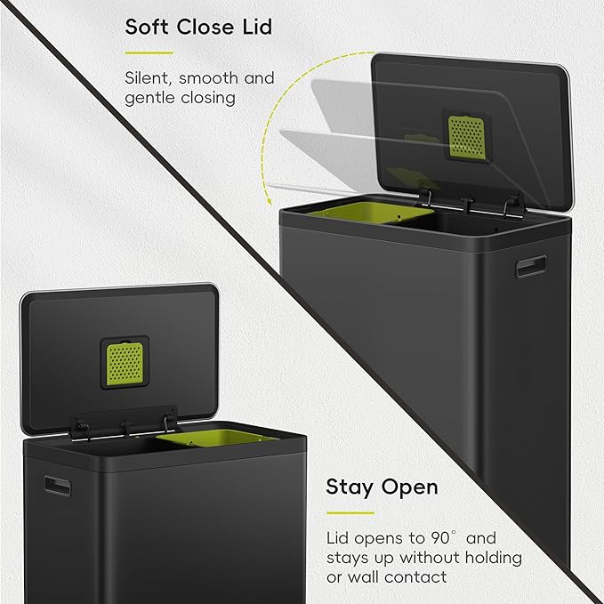 EKO EcoCasa II 36L+24L Dual Trash Can with Recycle Bin, Stainless Steel Garbage Can with Lid, Deodorizer Compartment, Odor-Proof and Fingerprint Resistant, Matte Black