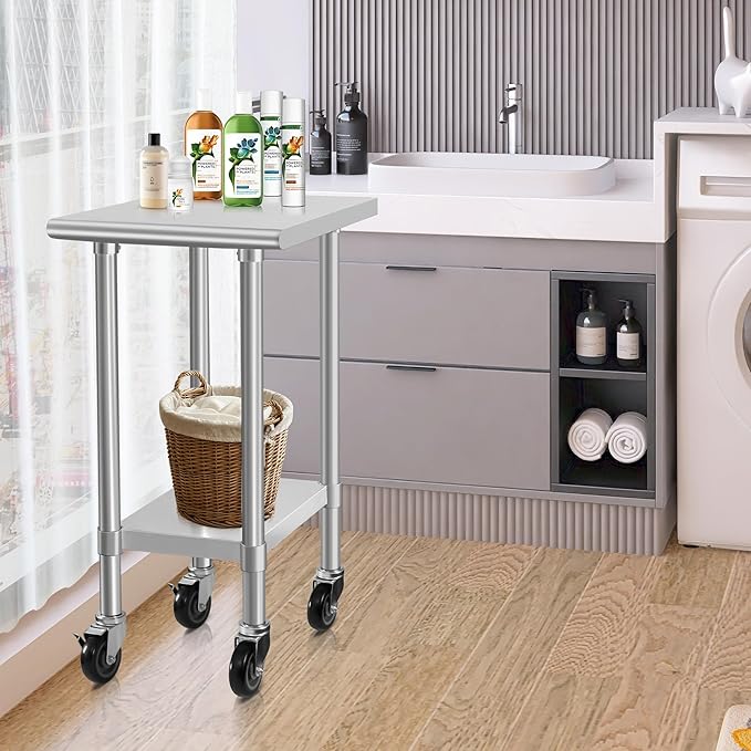 HARDURA Stainless Steel Commercial Table Prep & Work Table with Casters Heavy Duty Metal Table with Wheels NSF 430 24×18 Inches