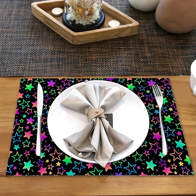 Neon Stars Placemats Set of 6 Linen Heat Resistant,Rainbow Glittering Table Mats Washable Rustic Place Mats Decoration for Home Kitchen Dining Room Party 12x18 Inch
