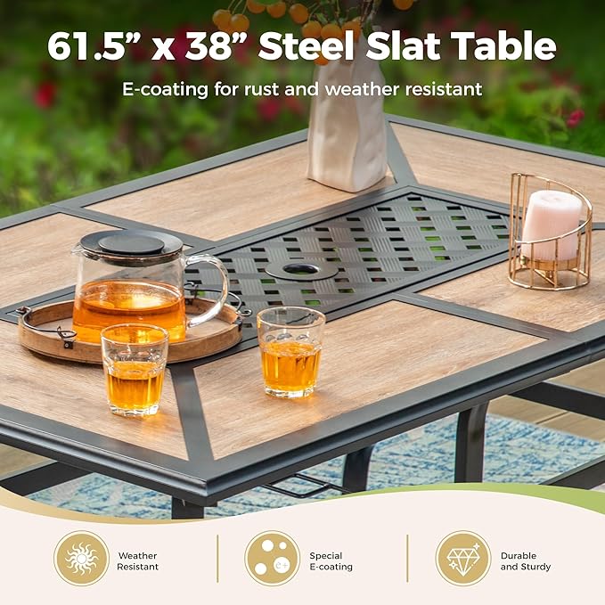 Outdoor Patio Dining Table for 6, 61" x 38" Rectangular Metal Patio Dining Table with Umbrella Hole for Garden, All Weather Wrought Iron Black Outdoor Table Backyard and Porch