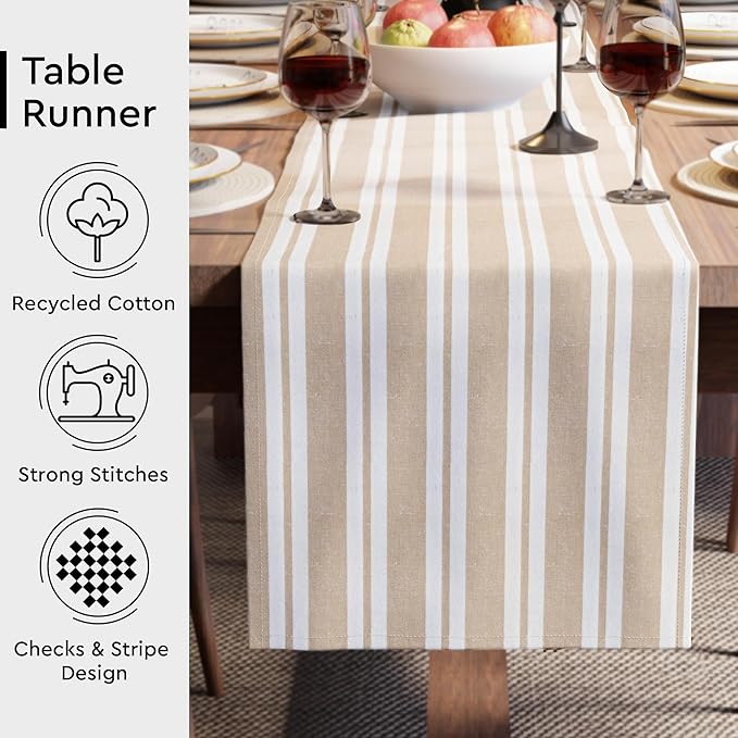 Encasa XO Cotton Dining Table Runner | Franca Beige Stripes | Size 13x104 in - Machine Washable & Durable