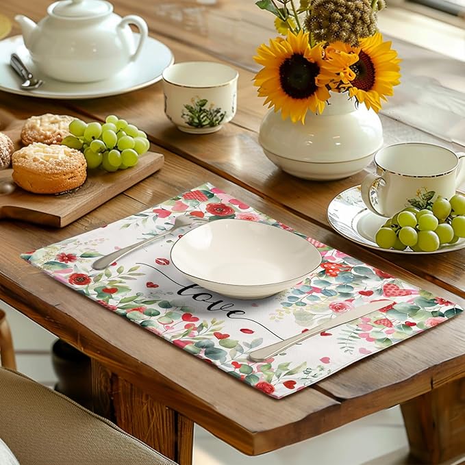 Valentines Day Love Heart Rose Placemats Set of 4 Valentine Eucalyptus Leaves Linen Table Mats Heat 12x18 Inch Spring Resistant Washable Table Mats for Kitchen Dining Decoration