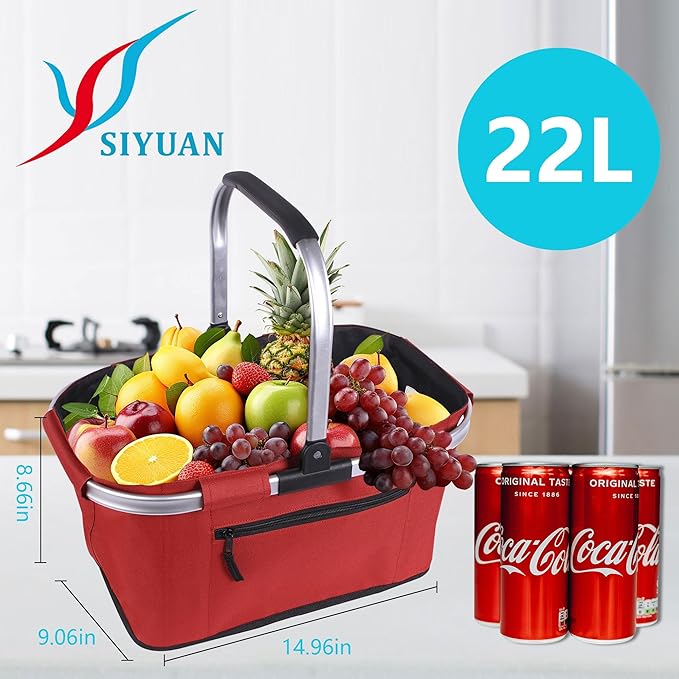 Picnic Basket, SIYUAN Shopping Basket with Handle 22L Collapsible Grocery Basket Portable Folding Bag for Marketing Picnic, Ruby Red