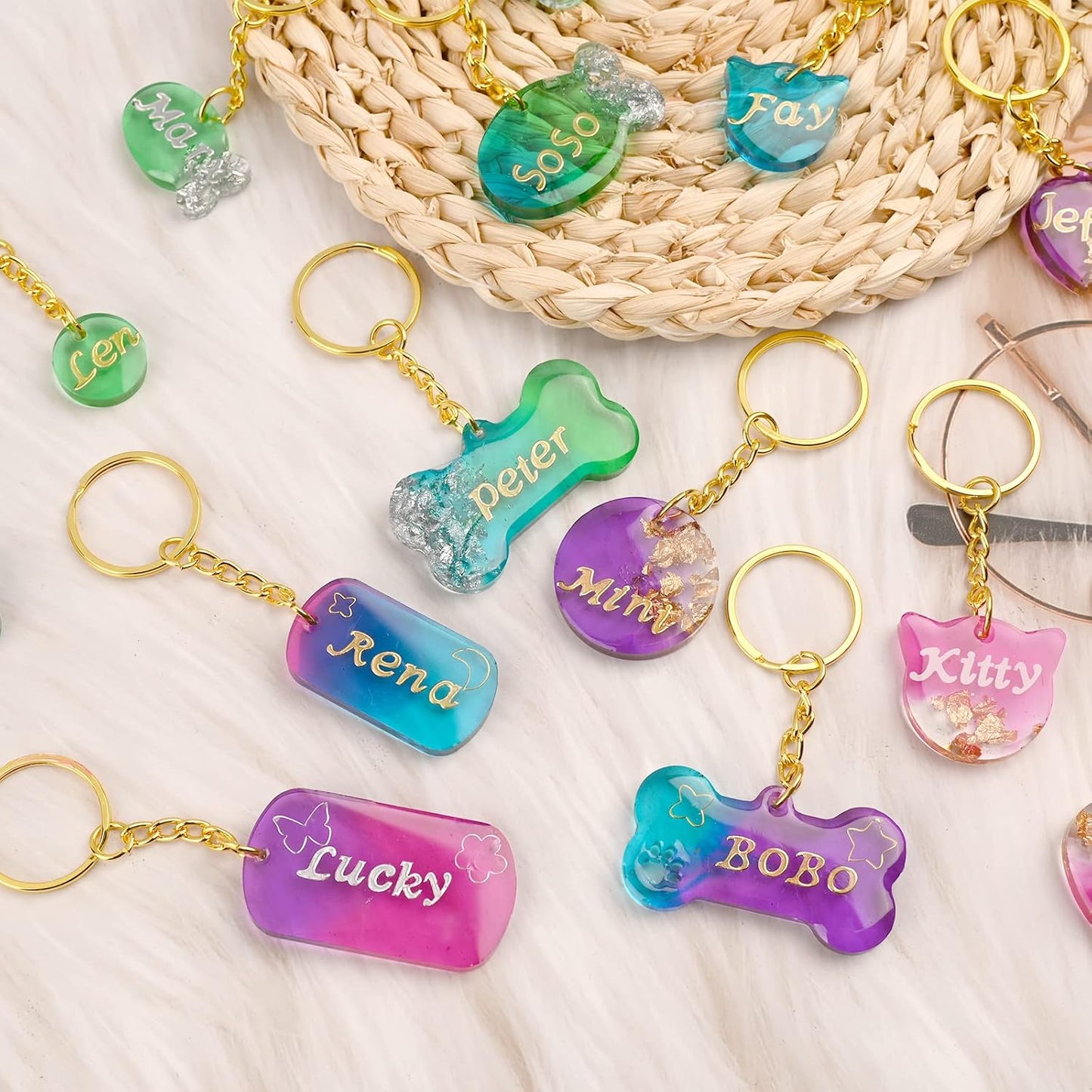 Actvty Pet Tag Resin Mold Silicone, Dog Tag Molds for Resin, Dog Bone Cat Shaped Keychain Silicone Resin Molds with 15Pcs Keychains DIY Crafts Making Tag Charm Pendant