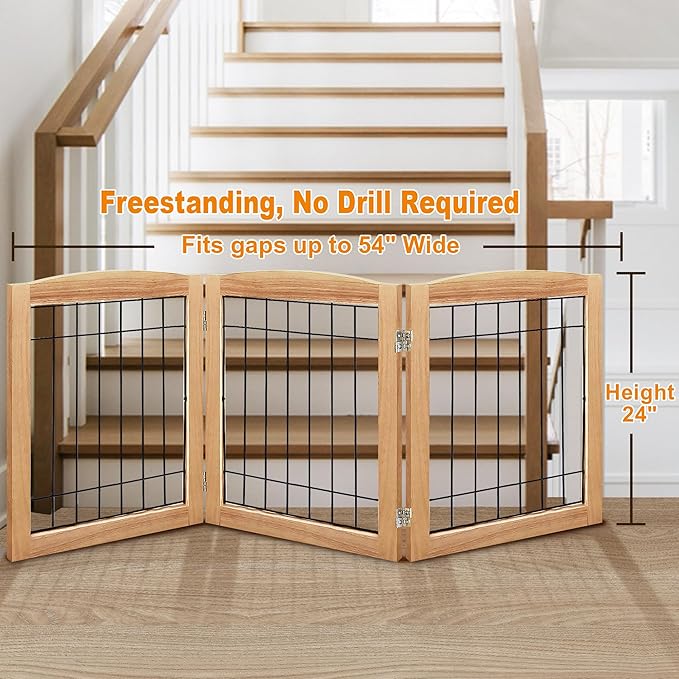 LZRS 3-Panel Freestanding Foldable Wooden Dog Gate –Solid Wood & Steel Wire Chew-Resistant Indoor Safety Pet Fence for Doorways & Stairs, Ideal for Small to Medium Dogs & Puppies, Natural
