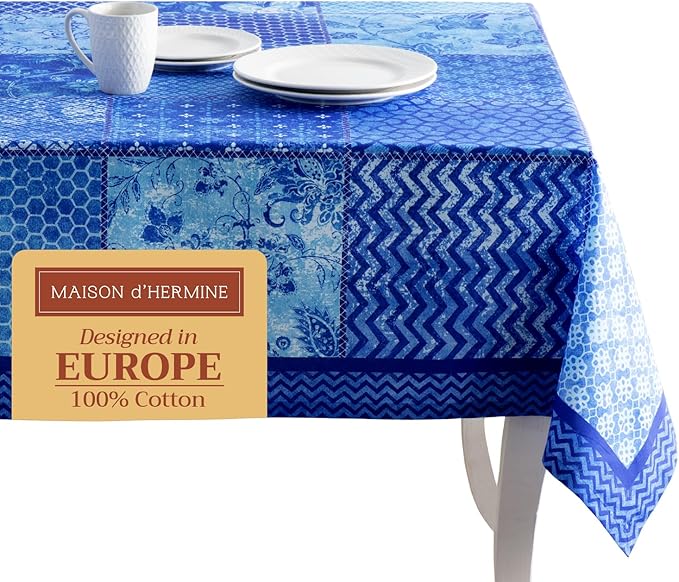 Maison d' Hermine Table Cloth Rectangle Table 100% Cotton 60 x 120 Inches Tablecloth Reusable Decorative for Dining Room, Farmhouse, Home, Party, Festive & Wedding Spring Summer - Indigo Love