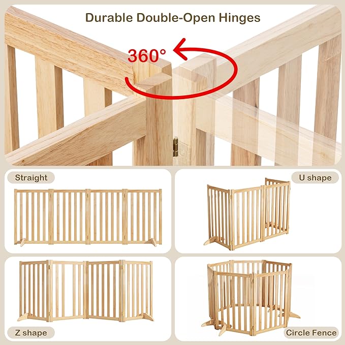 30" Height Tall Freestanding Pet Gate, Solid Wood Folding Safety Fence Wooden Dog Gate with 2 PCs Support Feet Ideal for Stairs, Doorways, Halls, Kitchens, Heavy Duty Gates, 4 Panels, Oak