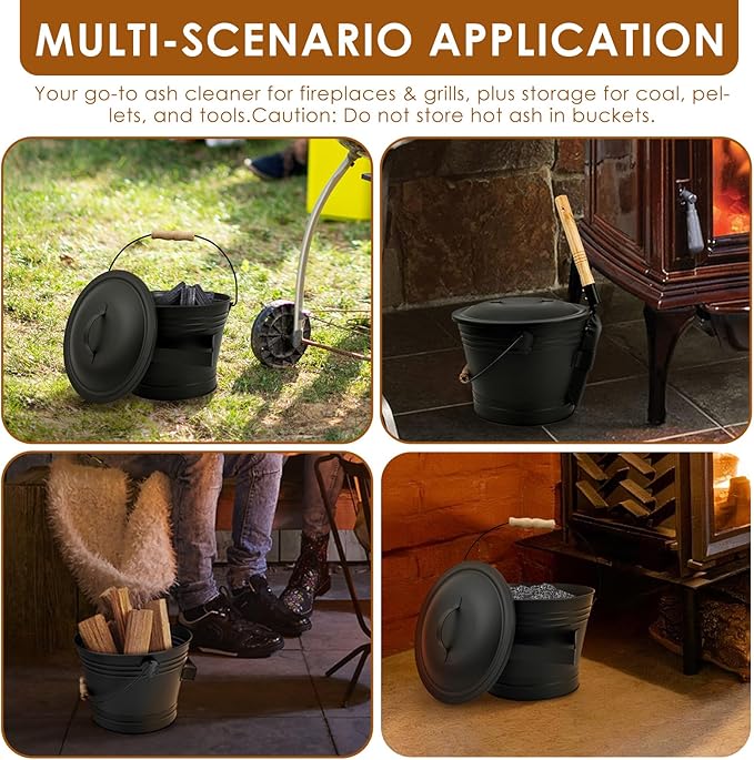 1.5 Gallon Ash Bucket with Lid and Shovel Broom Metal, Fireplace Ash Bucket, Complete Fireplace Tools Set for Fire Pit Grill Black(3 Pcs Set)