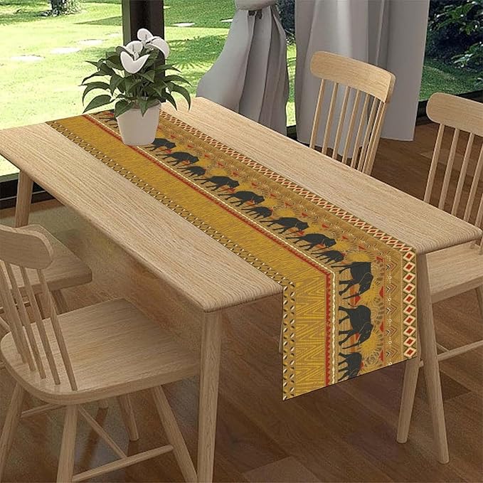African Tribe Table Runner, Rustic Elephants Tribal Boho Diwali India Traditional Ethnic Folk Yellow Coffee Table Center Decor for Home Kitchen Room Holiday Party Outdoor Table Decorations, 13"x36"