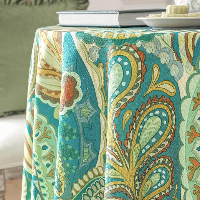 Linen 55 Inch Round Tablecloth,Wrinkle Resistant French Green Tablecloth Print with Froal,Decor Stitch Table Cloth for Thanksgiving,Dining Room,Home,Kitchen Diameter 55"-Milen