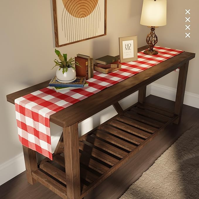 Encasa XO Cotton Dining Table Runner | Buffalo Red Checks | Size 13x91 in - Machine Washable & Durable