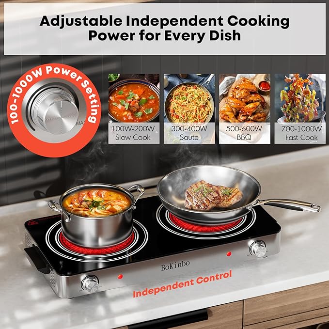 Electric Cooktop, Dual 2200 Watts Infrared Burner, 2 Burner Electric Hot Plate for Cooking, Knob Control Countertop & Built-in Ceramic Cooktop, Overheat Protection Burner for Dorm, Kitchen