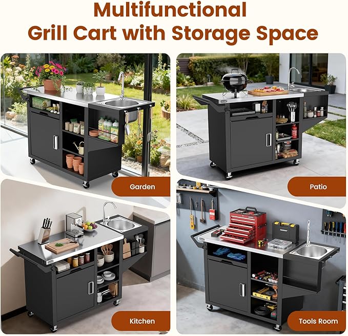 NUUK Grill Cart with Sink and Storage Cabinet Outdoor Kitchen Island Prep Table Cooking Station with Stainless Steel Top and Movable Universal Wheels for Outside BBQ Backyard Include Metal Hooks