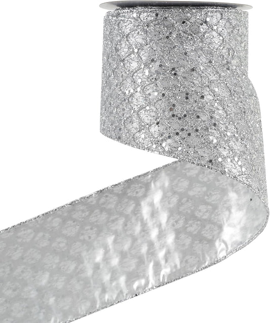 HUIHUANG Silver Christmas Ribbon 4 inch Silver Glitter Wired Ribbon Diamond Mesh Wire Ribbon for X-mas Tree Decorations, Wreaths, Garland, Large Bows Making, Home Decor -10 Yards