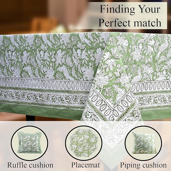 CPC Tablecloth 100% Cotton 60x60 Inch Indian Block Print Square Table Cover, Table Cloth for Weddings, Spring/Summer, Barbeque - Olive Green