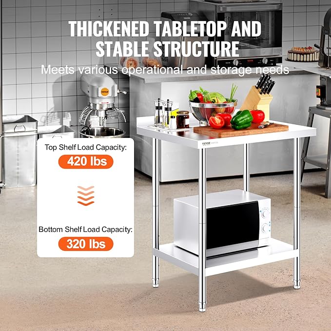 VEVOR 24 x 30 x 36 Inch Stainless Steel Work Table, Commercial Food Prep Worktable Heavy Duty Prep Worktable, Metal Work Table with Adjustable Height for Restaurant, Home and Hotel