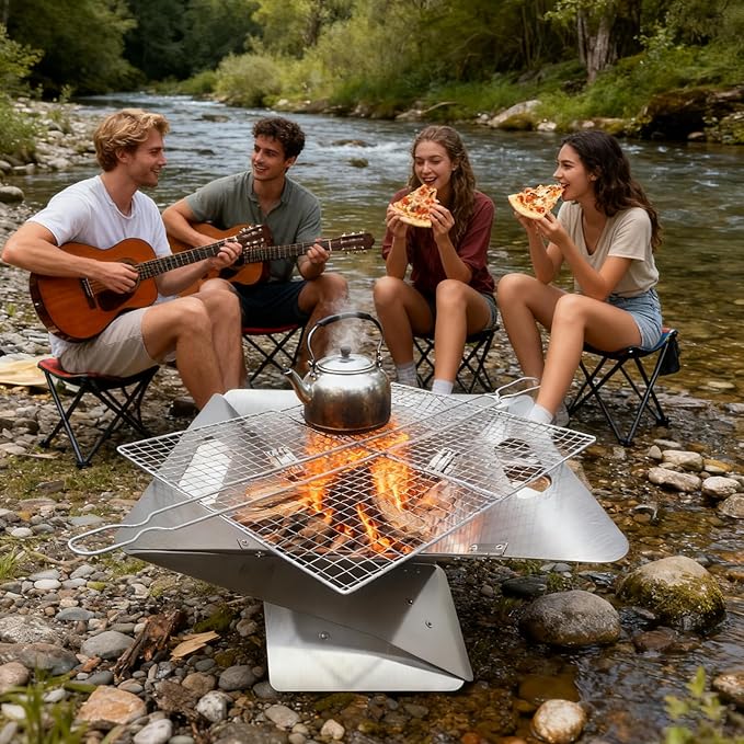 Foldable Portable Fire Pit - Stainless Steel Camping Fire Bowl with 304 Steel Grill Net & Heat-Resistant Gloves - Compact Bonfire Pit for Outdoor BBQ, Patio, Garden & Camping, 16.54 Inch