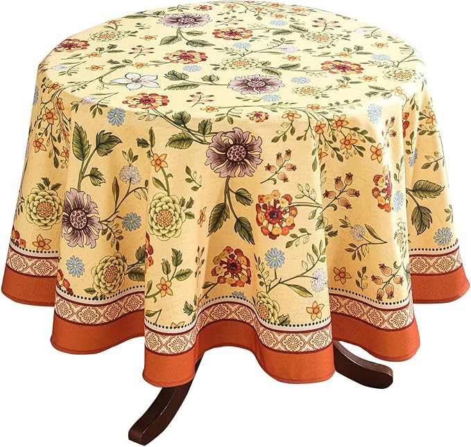 Vintage Linen Small Tablecloth for Round Table,Yellow Floral French Wrinkle Free Tablecloths,Decorative Table Cover for Kitchen,Dining,Thanksgiving,Farmhouse,Diameter 55"-Bellano