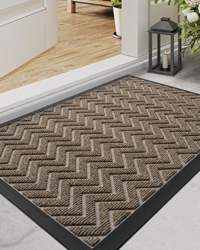 DEXI Front Door Mat Outside Entrance, 17x29 Rubber Entry Doormat Heavy Duty, Welcome Mats Non Slip for Inside House Floor Entryway Back Doors Exterior Patio, Chevron Brown