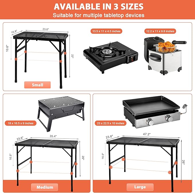 Camping Table with Mesh Desktop, Lightweight & Portable Small Folding Grill Table, Height Adjustable Metal Outdoor Table for Camp, Cooking, BBQ, RV, Picnic-2 FT Black