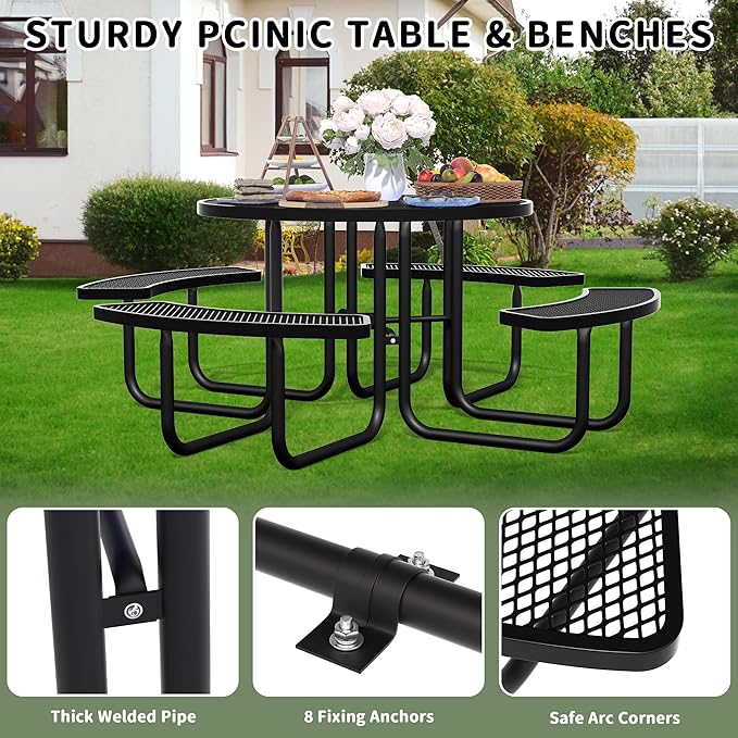 46'' Round Metal Picnic Table for Outdoors, Commercial Steel Metal Picnic Tables, Heavy Duty Sturdy Picnic Tables Furniture Set for Patio Garden Courtyard BBQ, with Umbrella Hole