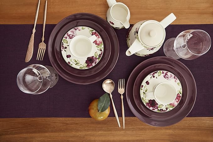 Solino Home Linen Chambray Burgundy Table Runner 144 Inches Long - Athena, 100% Pure Linen 14 x 144 Inch Table Runner for Valentines