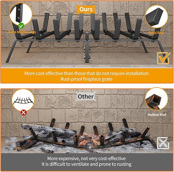 Heavy Duty 27Inch Fireplace Grate, Solid Steel Log Rack for Wood Burning, Extra Wide Firewood Grates for Indoor Fireplace & Outdoor Fire Pit, Wood Stove Grate