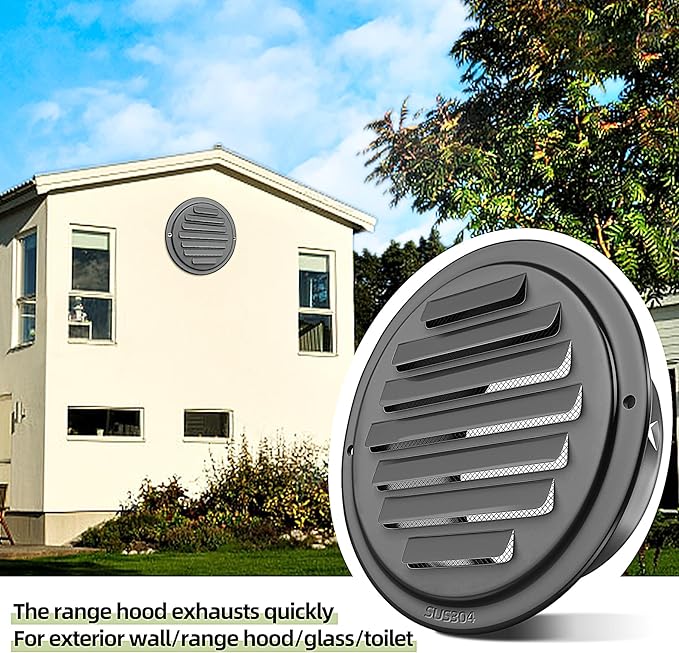 3inch 304 Stainless Steel Air Vents, Louvered Grille Cover Vent Hood Flat Ducting Ventilation Air Vent Wall Air Outlet with Fly Screen Mesh for House (3 inch Black Paint Cover （70mm）)