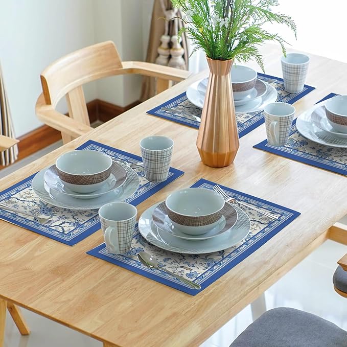 Giwawa 4PCs Chinoiserie Placemats Blue White Floral Birds Decorative Linen Table Mat 12"x18" Oriental Style Classic Flowers Heat Resistant Washable Place Mats for Kitchen Dining Party
