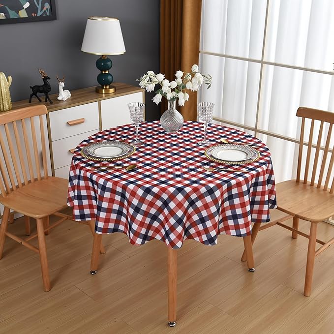 Waterproof Plaid Tablecloth Fabric - Round 58 Inch Classic Gingham Checker Table Cloth for Indoor/Outdoor Use - Buffalo Table Cover for Picnics, BBQs, and Parties