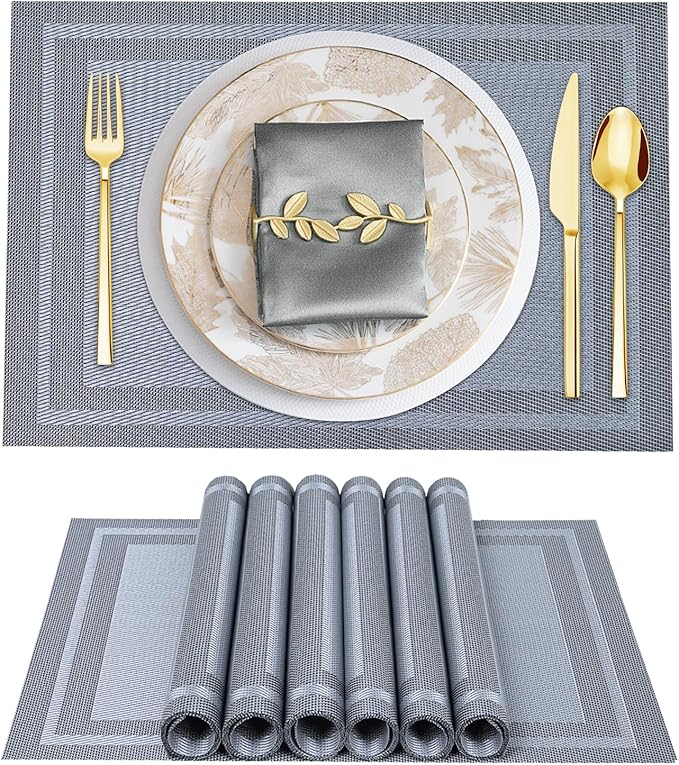 BETEAM Placemats Set of 6, Woven Vinyl Placemat for Dining Table Washable Wipeable Kitchen Place Mats Durable Indoor Outdoor Table Mats