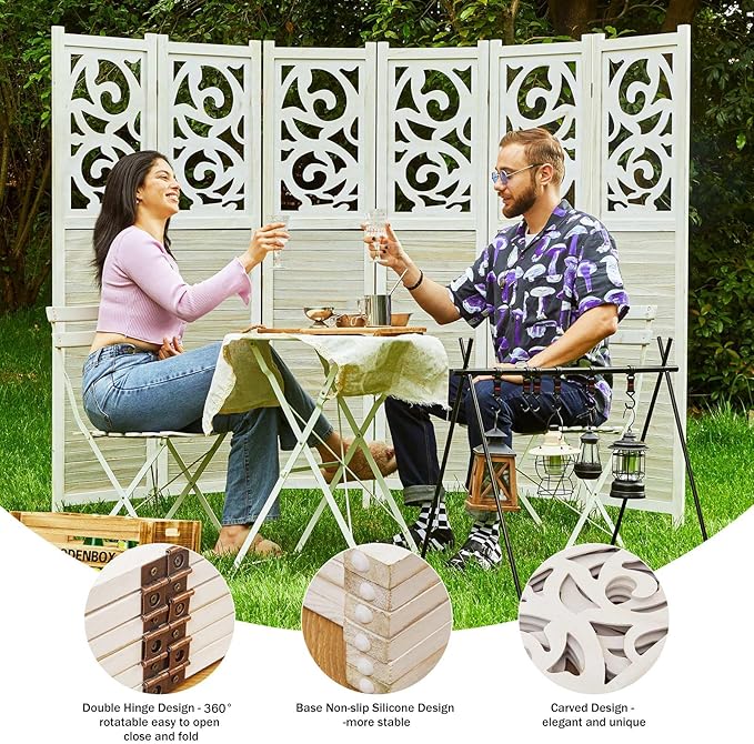 Room Divider Wood Carved Wall Divider Indoor Folding Portable Partition Screen for Home Office Garden Terrace - 6 Panel, 67 * 90inch (White)