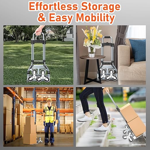 Stair Climbing Cart, 220 LBS Aluminum Stair Climber Dolly, Heavy Duty Folding Hand Truck Dolly with 6 Wheels, Telescoping Handle and Elastic Rope for Home, Moving, Groceries, Warehouse