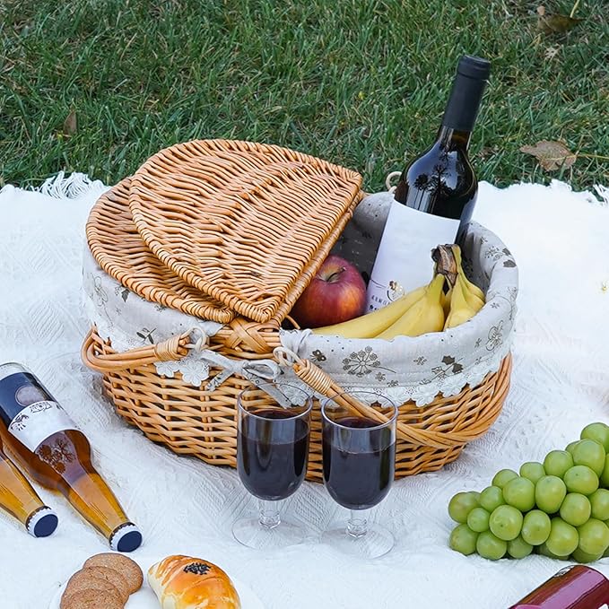 ZORMY 15" Wicker Picnic Baskets with Removable Liner, Empty Picnic Basket with Lid, Picnic Hamper with Folding Woven Handles for Picnic, Camping, Outdoor, Halloween, Thanks Giving - WhiteKapok