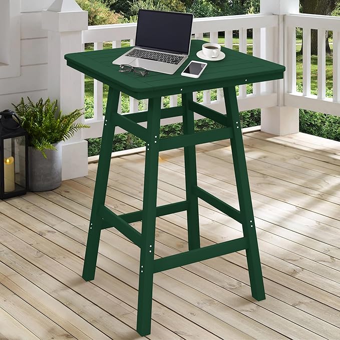 Costaelm Outdoor Bar Table, 42" Counter Height Square Patio Cocktail Bar Table with Umbrella Hole, Patio Bistro Dining Pub Table for Front Porch Deck Backyard Garden, Dark Green