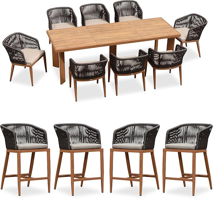 PURPLE LEAF 9 Pieces Outdoor Dining Set Patio Furniture Set Aluminum Rattan Wicker Patio Dining Table and Chairs Set for 8 for Lawn Backyard Deck Brown with Counter Stools