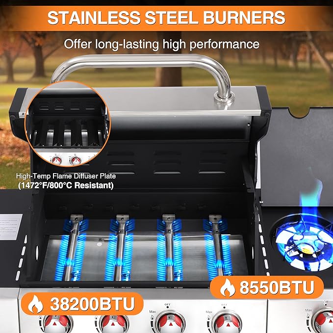 Griddle Grill Combo, Propane Gas and Charcoal Grill Combo, Outdoor BBQ Grills, 4 Burner Propane Stove with Griddle, Cast Iron Grates, Side Burner & Prep Space (4 burner&side burner combo)