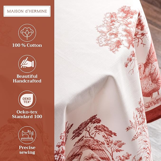 Maison d' Hermine Table Cloth Round Table 100% Cotton 63 Inches Fall Tablecloth Reusable Everyday Use for Thanksgiving Christmas Decorations Dining Farmhouse Party (Holy Jouy - Red)