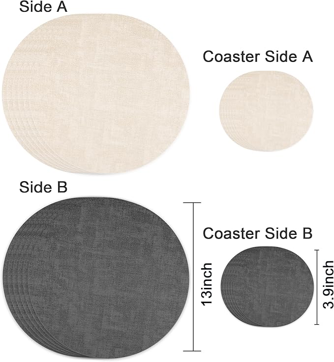 13-Inch Faux Leather Round Placemats Set of 6, Waterproof Anti-Slip Dual Sided Place mats, Heat Resistant Washable Table Mats with Coaster, Suitable for Indoor & Outdoor (6, Black Beige)