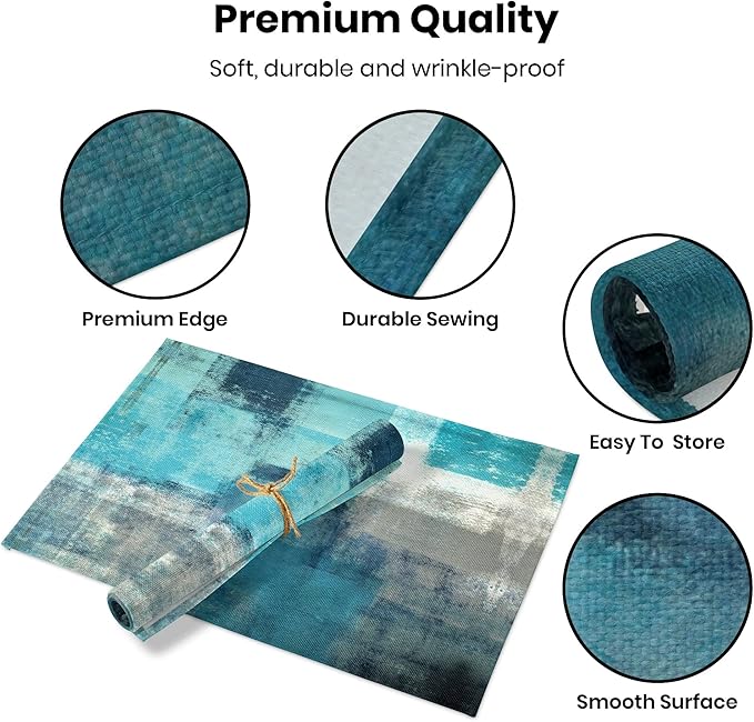 Modern Art Placemats Set of 4 Turquoise Abstract Painting Place Mats Washable Linen Teal Placemat for Kitchen Dining Table Party Home Decor 18x12 Inches