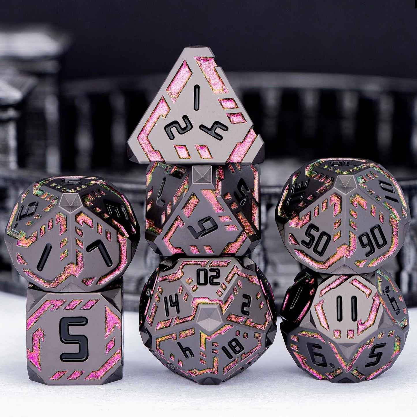 Metal DND Sci-fi Dice Set 7PCS Stripe Polyhedral Dice for Dungeons Dragons RPG Role Playing Game, Glitter D and D Dice with Gift Box D6 D8 D10 D12 D20 (Black&Purple Red)