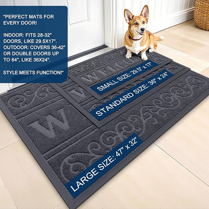 OLANLY Welcome Door Mat Indoor Outdoor Entrance, Heavy Duty Sturdy Front Door Mat, Waterproof All-Weather Doormat, Stain Resistant, Low Profile, Easy Clean Patio Entryway Mat, 29.5 x 17, Medium Grey