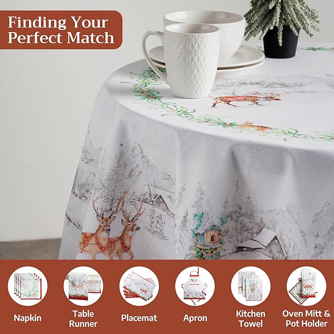 Maison d' Hermine Table Cloth Round Table 100% Cotton 69 Inches Fall Tablecloth Reusable Everyday Use for Thanksgiving Christmas Decorations Dining Farmhouse Party (Christmas Tradition)