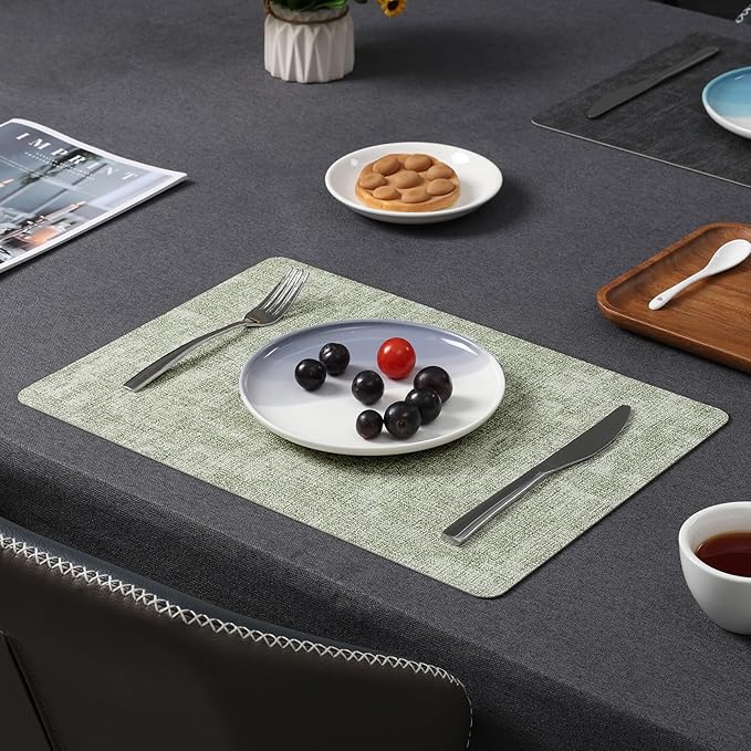 Myir JUN Placemats Dual Sided, Faux Leather Place Mats Set of 4 Indoor Placemat for Dining Table Outdoor Placemats Square Non-Slip Washable Table Mats (Gray Grass Green, Set of 4)