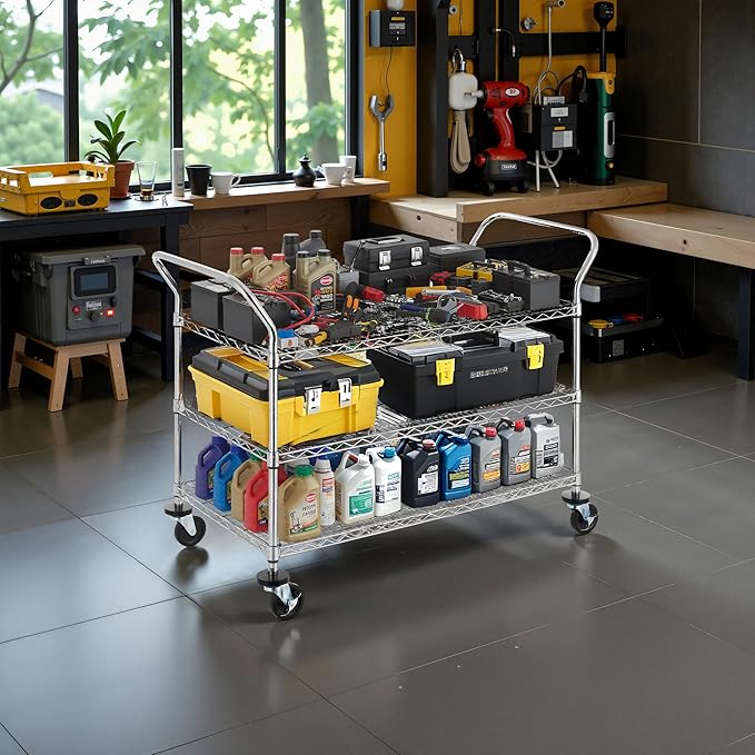 Finnhomy 3-Tier Commercial Grade Rolling Cart, Heavy Duty Utility Carts with Wheels and Handles, Kitchen Trolly on Wheels, Metal Serving Shelves with 700 lbs Capacity, Shelf Size 24" D x 48" W, NSF