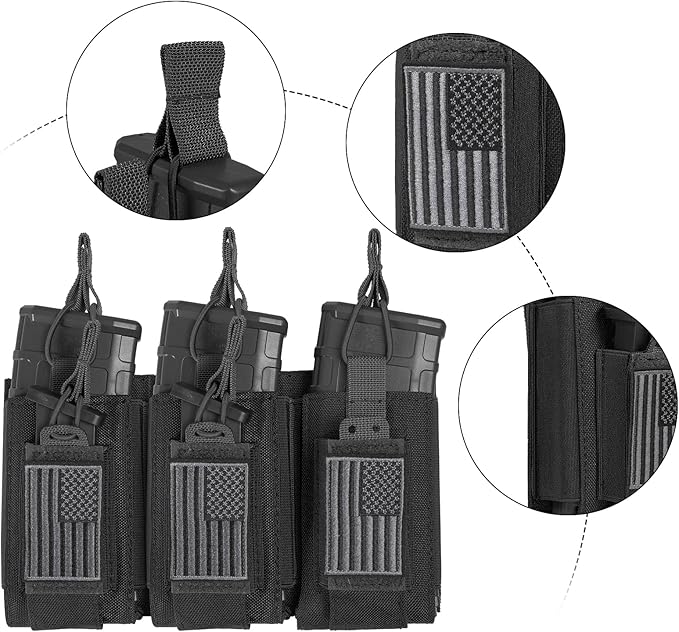 Open-Top Single/Double/Triple Molle Mag Pouch for 5.56mm M4 M16 AK AR Glock M1911 9mm Elastic Rifle Magazines Pistol Mag Pouches Holder Carrier with USA Flag Patch