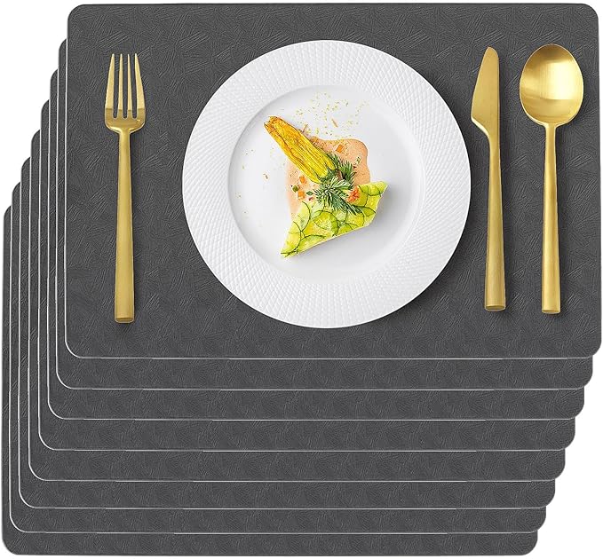 Vinyl Placemats Set of 8 Faux Leather 100% Waterproof Wipeable Washable Place Mats Heat Resistant Easy Clean Non-Slip Table Mats for Indoor Outdoor. (8,Gray)
